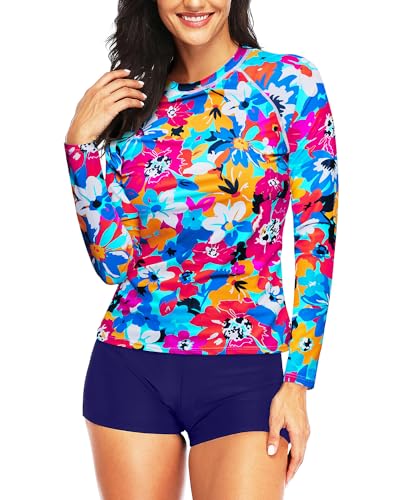 Image of Daci Women Two Piece Rash Guard Long Sleeve Swimsuits UV UPF 50+ Swim Shirt Bathing Suit with Boyshort Bottom