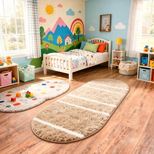 Image of Vasrug Luxury Soft Shaggy Bedside Ovel Rug - Geometric Design | Plush High-Pile Bedroom Carpet, Pack of 1 Pic, 2x10 Feet, (AA6)