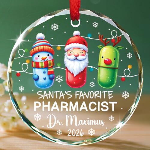 Personalized Pharmacist Glass Ornament Christmas 2026, Santa's Favorite Pharmacist Xmas Ornaments, Drug Ornament Gift for Pharmacy Technician, Custom Year & Name Pharmacists Ornaments Xmas Tree