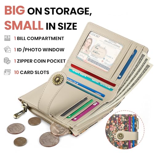 Image of Small Wallet for Women, RFID Blocking Bifold Card Holder Wallet with 10 Card Slots, Cash Compartment, Zipper Coin Pocket & ID Window, Cute Soft Vegan Leather Compact Wallet, Garden