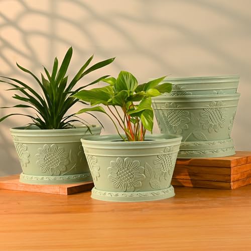 Image of Eha Earth Friendly Nile Planter 9.5 inch Planters for Home Decor| Bamboo Based Plant Pot | Pack of 4 | UV Protected Pot for Plant | Flower Pot for Living Room, for Outdoor and Indoor | Celeste