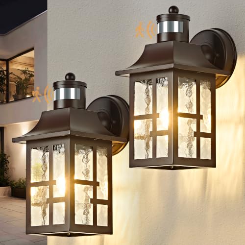 Image of OKELI Outdoor Wall Lights with Motion Sensor, Exterior Waterproof Lantern, Front Porch Sconce Lighting with Water Ripple Glass Shade, Anti-Rust Wall Lamps Outside Lights for Garage (Brown-2pack)