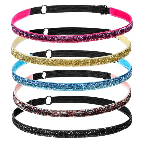 XLIUAX 5 Pcs Adjustable Headbands for Women Glitter Headband Elastic Headbands Thin Elastic Headband for Women Sparkly Hairband for Sports Yoga Hair Accessories Athlete Soccer