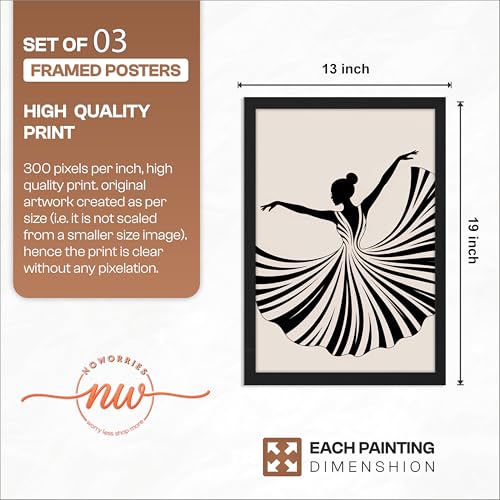Image of NoWorries Minimalist Ballet Dancer Wall Art Framed Painting Set of 3 | Black & White Dance Silhouette Prints with Frame | inchWhere Words Fail, Dance Speaks inch Quote | Modern Aesthetic Ballet Decor Frames for Living Room, Bedroom and Studio, Framed Artwork Ready to Hang (Art-10, 13x19inch, Wooden)