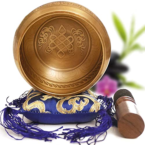 Cuenco Tibetano de Bronce Hecho a Mano en Nepal Ø11.43cm – Cojín, Mazo de Madera, Caja Lokta [Garantía Satisfacción 30 Días]