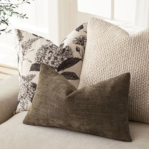 Image of Foindtower Pack of 2 Textured Chenille Throw Decorative Pillow Covers Square Accent Solid Cushion Cover Neutral Farmhouse Lumbar Pillow Case for Couch Sofa Bedroom Living Room 12x24 Inch,Taupe Brown