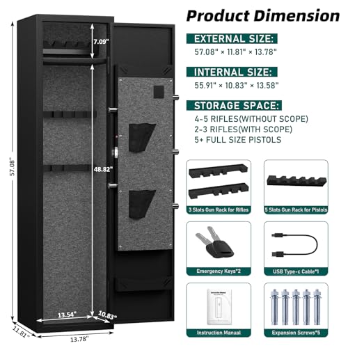 Kavey 5-8 Gun Safe, Long Gun Safe for Home Rifle and Pistols with Backlit Keypad, Quick Access Gun Cabinet with LED Light and Removable Shelf