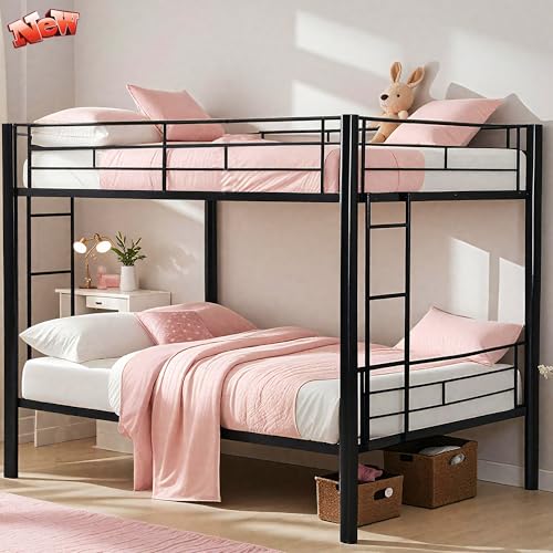 FUSVZ Metal Full Over Full Bunk Bed for Adults, Kids & Teens | Heavy Duty Convertible Bunk Bed with Sturdy Guard Rails & Dual Side Ladders | Space-Saving Durable Metal Frame | Weight Capacity 600LBS