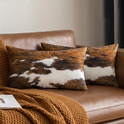 Image of Faux Fur Cowhide Lumbar Throw Pillow Covers 12x20 Inch White Brown