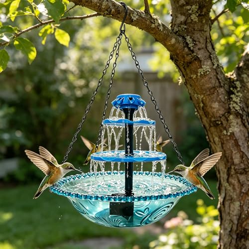 3-Tier Solar Powered Hanging Bird Bath Fountain Cascading Water Feeder for Hummingbirds Wild Birds[16.4FT/Extra Long Cord] for Outdoor Garden Patio Decor