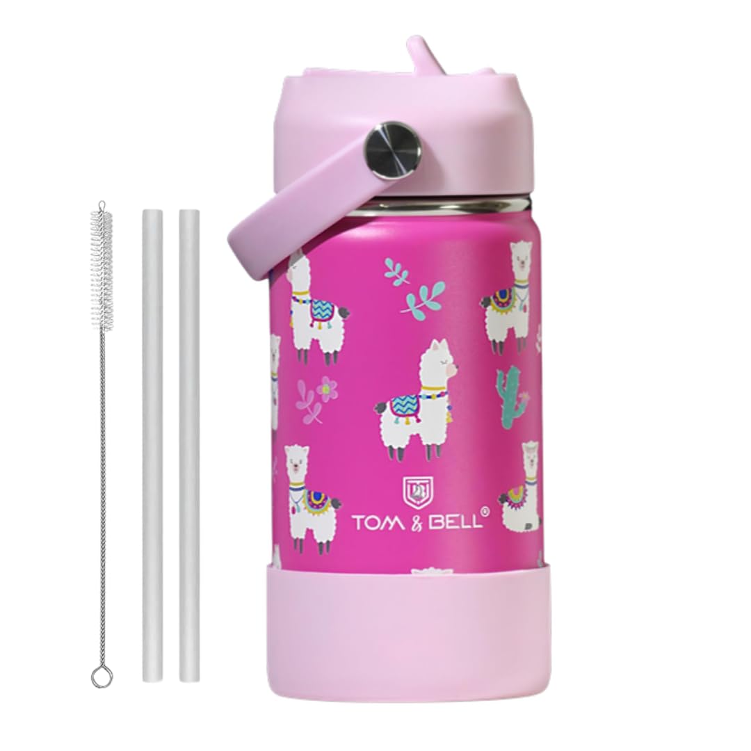 TOM & BELL Insulated Water Bottle for Kids 350ml,Double Wall Water Bottle for School, Sipper Bottle,Hot and Cold, Premium 304 Stainless Steel, with silicon bottom sleeve(Alpaca350, 350 ml)
