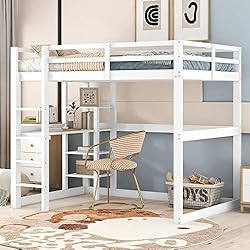 Moimhear Cama infantil con espacio de almacenamiento, completamente de pino, con 4 estantes y una mesa de escritorio (blanco)