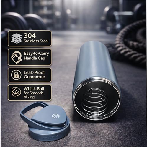 Image of Stainless Steel Protein Shaker Bottle, 100% Leakproof Metal Gym Shaker, Durable Steel Gym Sipper Bottle for Smooth Protein Mixing with Measurement 700 ml (Grey)