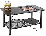 4-in-1 Feuerstellentisch, multifunktionaler Grilltisch, Garten- und Terrassenheizung, Eisstelle, Tisch mit Grillablage, Schürhaken, Netzdeckel für Camping, Picknick, Lagerfeuer, Terrasse, Hinterhof