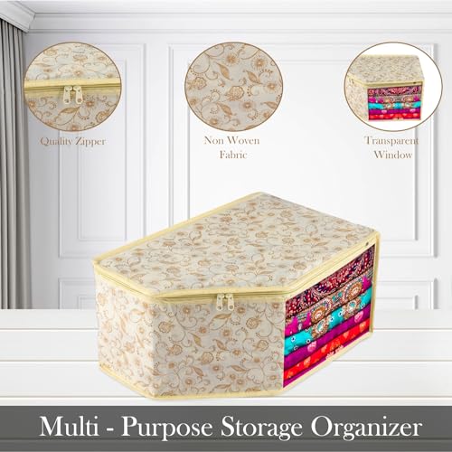 Image of Urbane Home Blouse Cover | Clothes Storage Bag | Zipper Wardrobe Organizers | Non-Woven Clothes Organiser | Side Transparent Blouse Organizer | Leaf-Design | Pack of 6 | Cream