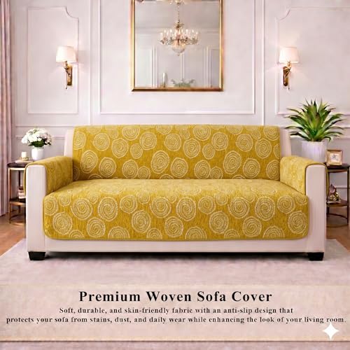 Image of STITCHNEST 'Opulence Series' Floral Woven Sofa Cover for 2 Seater | Premium Soft Fabric Sofa Protector | Yellow Circular Pattern with Tassel Edge Finish | Durable Living Room Furniture Cover