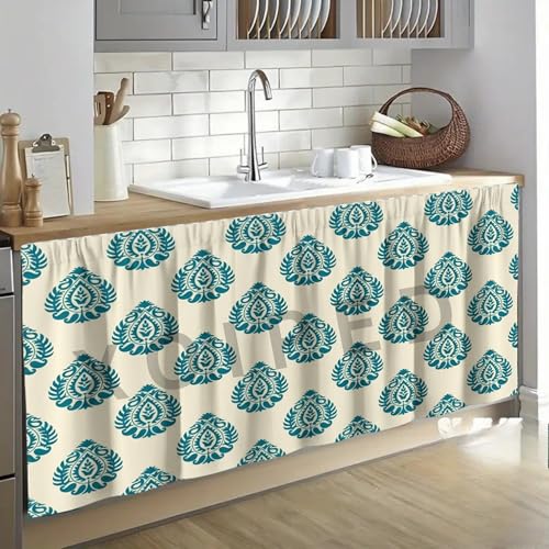Image of Multipurpose Kitchen Sink Curtain | Under Sink Cabinet Cover Curtain | Waterproof Printed Kitchen Sink Curtain | Home & Kitchen Decor Curtain (Blue KUNJA, Pack of 1)