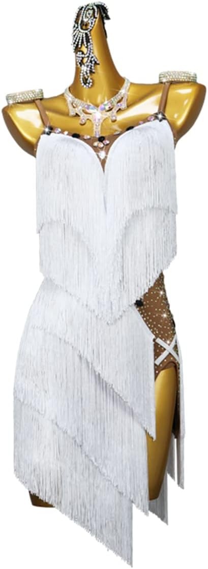 Women's White Fringe Latin Dance Competition Dress Ballroom Sexy Sling Sleeveless Backless Waltz Tango Latin Dress