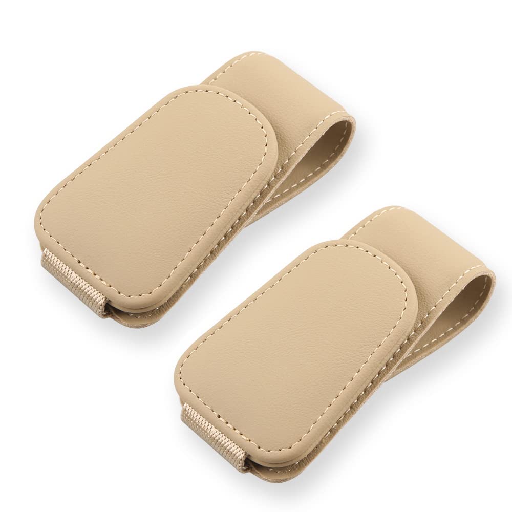 2Pcs Sunglass Holder for Car, Magnetic Leather Eyeglass Hanger Clip for Car Sun Visor, Sunglasses Holder and Ticket Card Clip for Car Visor Accessories (Beige)