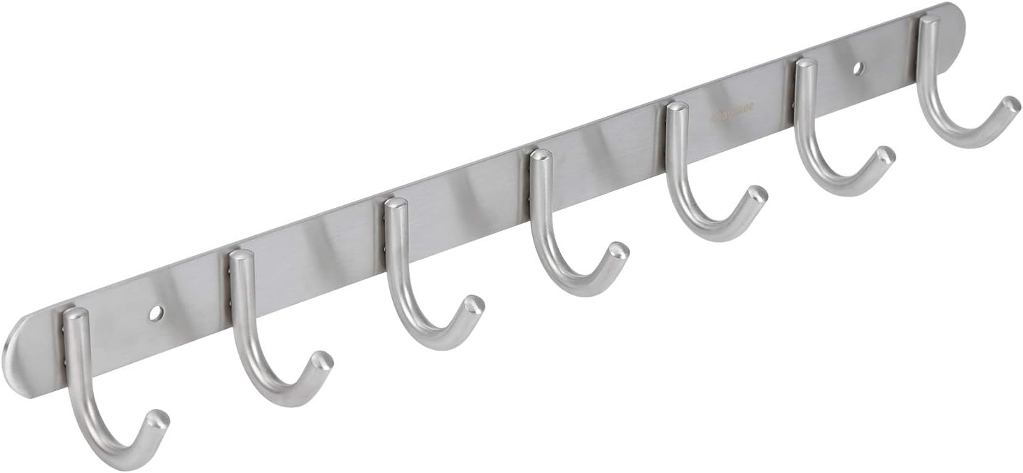 Towel Hook Rack Brushed Nickel - Sagmoc 17-Inch Coat Hook Rail Wall Mounted with 7 Round Hooks, Durable Wall Hangers for Bedroom, Bathroom, Foyer, Hallway (304 Stainless Steel)