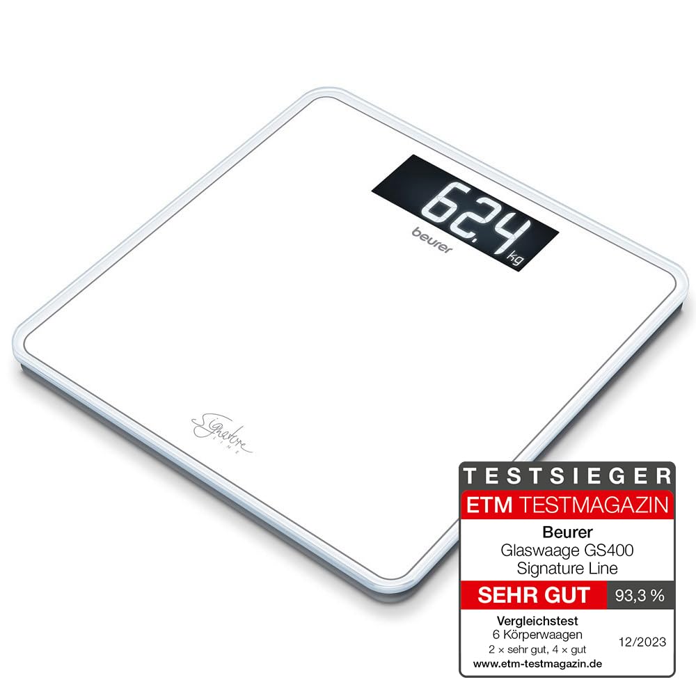 Beurer GS 400 white Signature Line Glas-/Personenwaage, mit großer Trittfläche aus super weißem Sicherheitsglas, stylischer Schwarz-Display im XL-Format und Tragkraft bis 200 kg