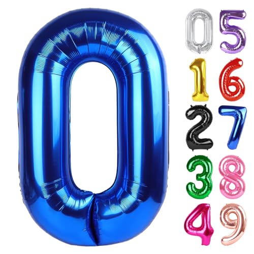 Image of Metallic Blue Number 0 Balloon 40 Inch, 0 Balloon Number for 10th 20th 30th 40th 50th 60th Birthday Decorations, Metallic Blue Party Supplies