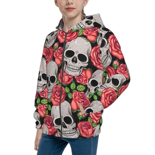 Skull and Roses Kid Hoodies Boys Zip Up Sweatshirts Girls Pullover with Pocket