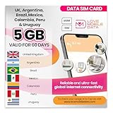 Love Mobile Data Only Sim Card - International Multi-Network 4G/5G Prepaid Pay As You Go Data Sim for Mobile Phones, WiFi Routers, Argentina, Brazil, Colombia, Mexico, Peru & Uruguay - 5GB for 60 Days
