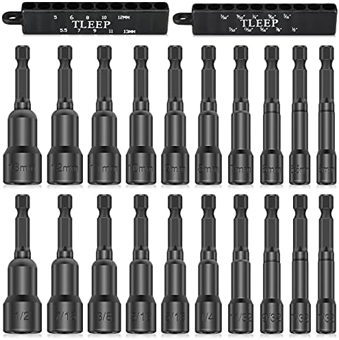 TLEEP 20 x 65MM Magnetic Power Nut Driver Set for Impact Drill, 1/4" Hex Head Drill Bit Set SAE & Metric Screwdriver Socket Set, Chrome Vanadium Steel Quick Change Chuck Socket Wrench Nut Setters
