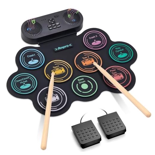 Bateria Electronica Niños, Anpro Bateria Electrónica Musical con 9 Almohadillas de Batería Altavoces Estéreo Duales, Baquetas y Pedales de Batería, Soporta Auriculares/BT/MIDI Práctica