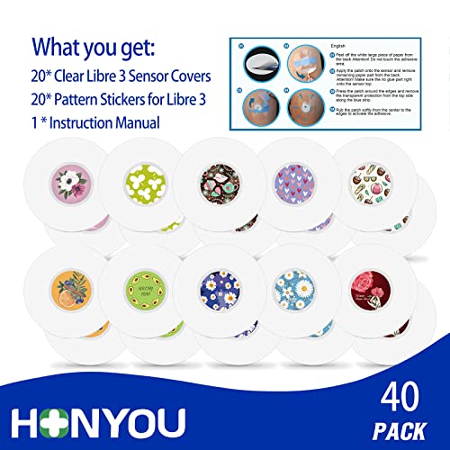 Freestyle Sensor Stickers Sets & Libre 3 Sensor Covers Waterproof Adhesive Patches Cgm Tape Clear Bandage With Sticker, Hypoallergenic Latex-Free 14 Days Long Stay,Total 40Pack #TOP6