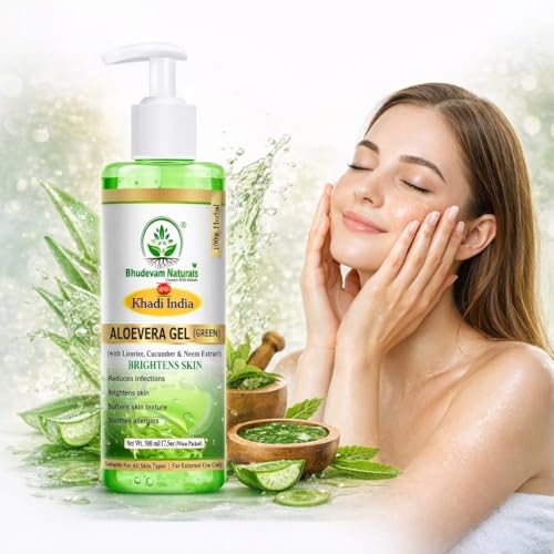 Image of Khadi Organic and Natural Aloe Vera Gel Green for Glowing Face Skin | Natural Moisturizer for Skin | Soothes Sunburn & Acne | Non-Sticky Herbal Formula | For Men & Women | 500ml