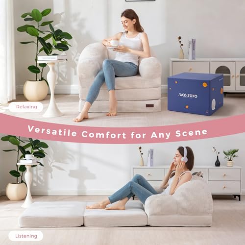 Image of MAXYOYO Folding Sofa Bed, Floral-Shaped Convertible Floor Sofa Couch with Backrest, 2 in 1 Comfy Lounger Bean Bag Chair with Handle, Floor Single Couch for Living Room Bedroom, Beige