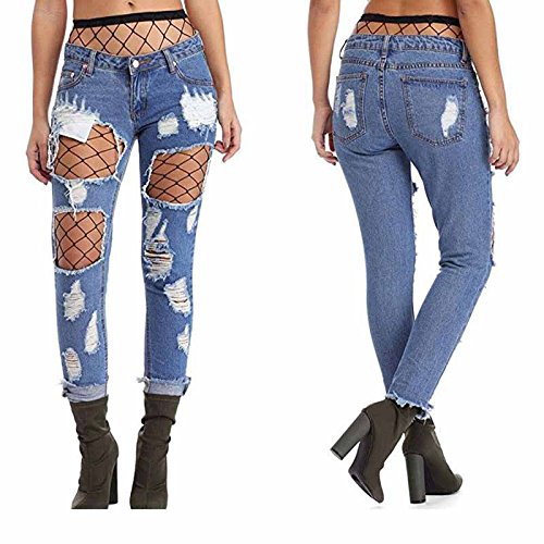 Tutyuity - Pantalones Vaqueros para Mujer con Agujeros Grandes, Cintura Baja, Pantalones Ajustados de Verano con Medias de Red, 2XL