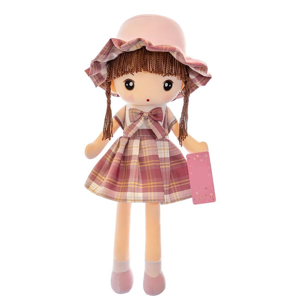 Streamzio Adorable Rag Doll Wearing Plaid Dress, Kawaii Sweet Plush Ragdoll for Birthday, Christmas, and Holiday Decor (Pink,45cm)