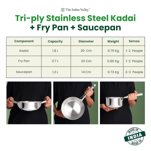 Image of The Indus Valley Tri-Ply Stainless Steel Cookware Combo Set of 3 | 20cm Kadai + 20cm Fry Pan + 14cm Saucepan | 304 Food-Grade Stainless Steel | 3-Layer Thick Body | Induction Compatible