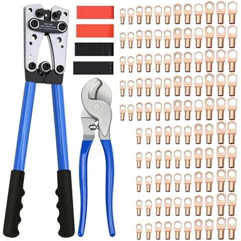 Cable Lug Crimping Tool with 170pcs Copper Wire Lugs, Wire Crimping Tool for AWG 10-1/0 Electrical Lug Crimper, with Cable Cutter, 210pcs Dual Wall Adhesive Heat Shrink Tubing Cover