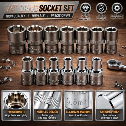 Image of 46PCS Small Drive Socket Ratchet Wrench Screwdriver Set, 1 /4 Inch Metric Socket and Ratchet Wrench Set with Extension Bar, Upgrade Compact Tool Set for Car