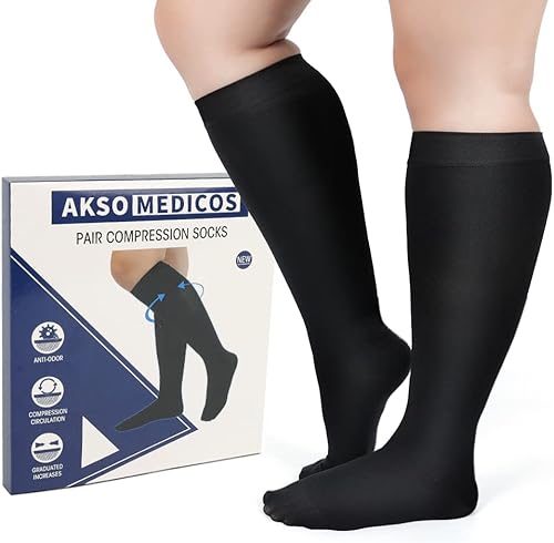 Miniatura 7 de AKSO MEDICOS Calcetines de compresión de talla grande (S-7XL) 20-30 mmHg pantorrilla ancha con punta abierta, medias de compresión para mejorar la