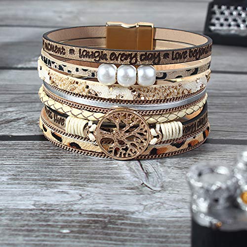 Fancy Shiny Tree Of Life Leather Wrap Bracelet Inspirational Cuff Bangles Boho Pearl Bracelets With Clasp Unique Jewelry Gifts For Women Teen Girls(Beige Cheetah) #TOP4