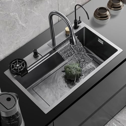 Image of Kitchen Sink 30x18x9 inch Waterfall Sink with Anti Scratch Honeycomb Design | Integrated Waterfall and Pull-down Faucet Set | Stainless Steel Basin Sinks with Cup washer and Drain Baskets