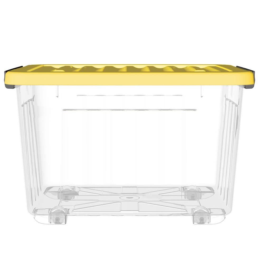 Cetomo 80L*4 Cajas de Almacenamiento con Tapas, Contenedores de Plástico con Ruedas, Clip On, Apilables, Encajables, Organizador Rayado para Oficina en Casa, Amarillo & Claro, 80L-4 Pack