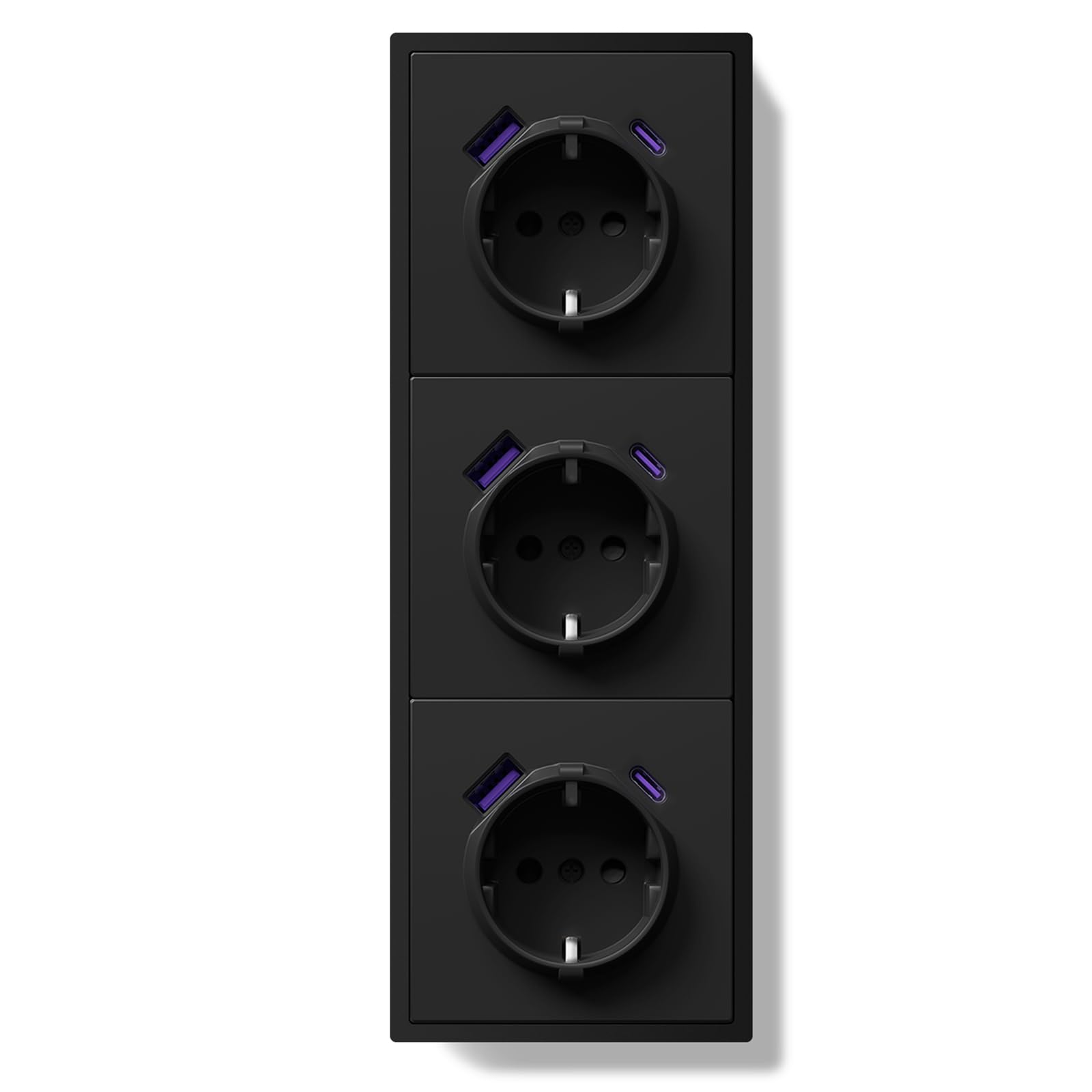 BSEED Schuko Mehrfachsteckdose Unterputz mit USB C 20W, Wandsteckdose 16Amp mit PC Rahmen, Dreifach Steckdose mit Krallen, 3 Fach Schwarz