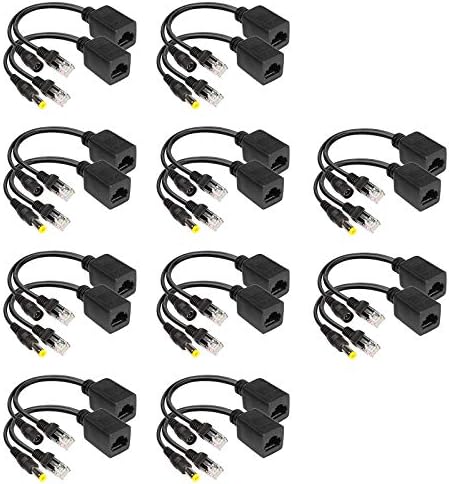 10 Pairs Passive PoE Over Ethernet Injector and Splitter Cable Kit with 5.5x2.1 mm DC Male and Female Connector for Network Digital Signal