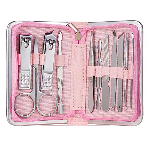 HSOYGE Juego de cortaúñas Profesional 11/21/26 Piezas, cortaúñas Profesional para manicura, Viene con un Estuche de Cuero PU, Adecuado para Unisex-marrón_Juego de 26 Piezas (Juego de 11 Piezas Rosa)