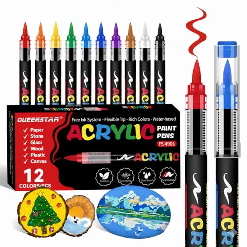 Image of Acrylic Paint Markers Set | Brush Tip Paint Pens with Direct Liquid Ink System | Vivid Colors for Rock Painting, Canvas, Glass, Plastic, Fabric & DIY Crafts (12)