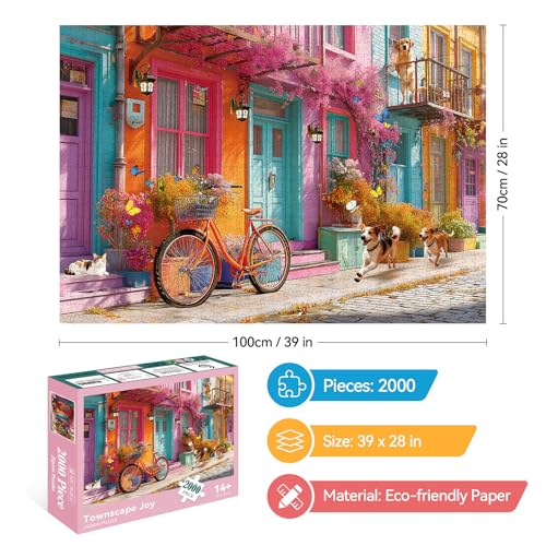 LUXDIVINA 2000 Piece Puzzle for Adults, Puzzles for Adults 2000 Pieces, Colorful Town Bicycle Dog Jigsaw Puzzles, Family Fun Puzzle Perfect for Game Nights, 39" X 28" by LUXDIVINA - Image 2
