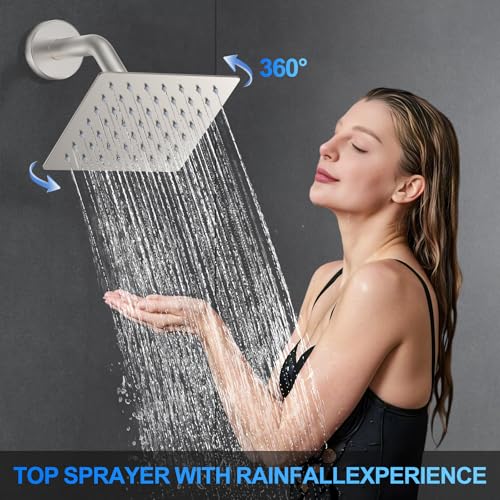 Image of Shower Faucet Set, 12 inch Ceiling Mount Rainfall Shower System with 2 Rain Shower Head and Multi-function Handheld Head Push Button Diverter Shower Faucet Trim Kit (12 inch, Brushed Nickel)