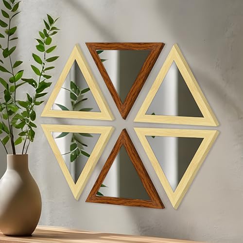 Image of Art Street Acrylic Triangle Decorative Wall Mirror Set of 6 Triangle Shape Mirror for Home Decoration, (9x9 Inch, Brown, Beige)