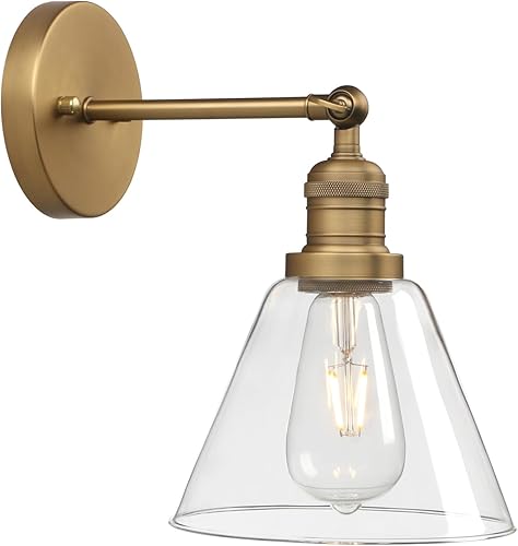 Phansthy Aplique de pared industrial vintage con brazo oscilante ajustable de 180 grados, pantalla de cristal transparente en forma de cono, lámpara